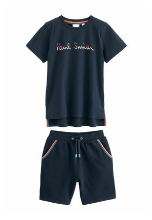 Granatowa bawełniana koszulka z krótkim rękawem z haftem "Paul Smith" w kolorowym, kursywnym stylu, w zestawie z pasującymi szortami z elastycznym paskiem, z kolorowymi akcentami po bokach.