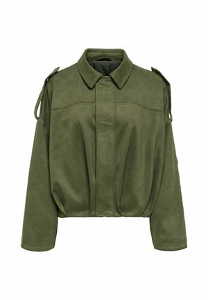 Olívazöld crop dzseki gallérral, hosszú ujjakkal és vállapokkal, puha tapintású anyagból.