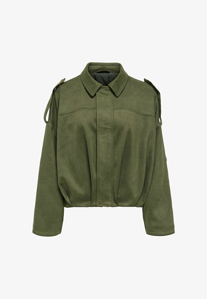 Veste courte vert olive avec col, manches longues et pattes d'épaule, confectionnée dans un tissu doux et texturé.
