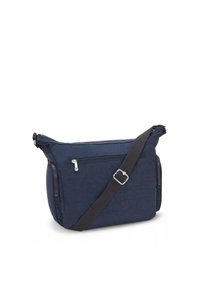 Borsa a tracolla di tessuto blu navy con tasca frontale con zip, tracolla regolabile marrone e materiale testurizzato; presenta un design elegante e moderno.