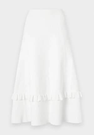 Falda blanca acampanada hecha de tejido texturizado, con un dobladillo con volantes y diseño de ojales, cuenta con una cinturilla suave y un corte a la altura de la rodilla.