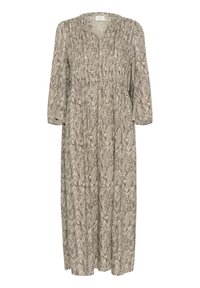 Robe longue beige avec un motif marbré brun en tourbillon, manches 3/4, décolleté en V et détail élastique froncé au niveau de la poitrine et de la taille.