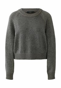 Sweater gris court en tissu texturé, avec un col et des poignets côtelés, au design simple et épuré, offrant une coupe décontractée.
