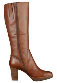 Hnědá kožená kozačka do výšky kolen s bočním zipem, zaoblenou špičkou a patou s více vrstvami. Hladký povrch s minimálními švy.