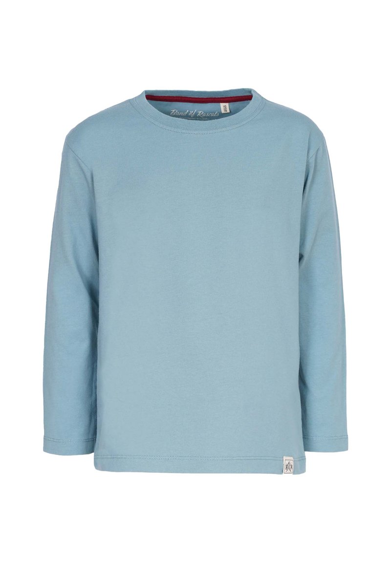 Lyseblå langærmet T-shirt med rund halsudskæring og et lille logo-lap på den nederste kant. Fremstillet af blødt bomuldsstof.