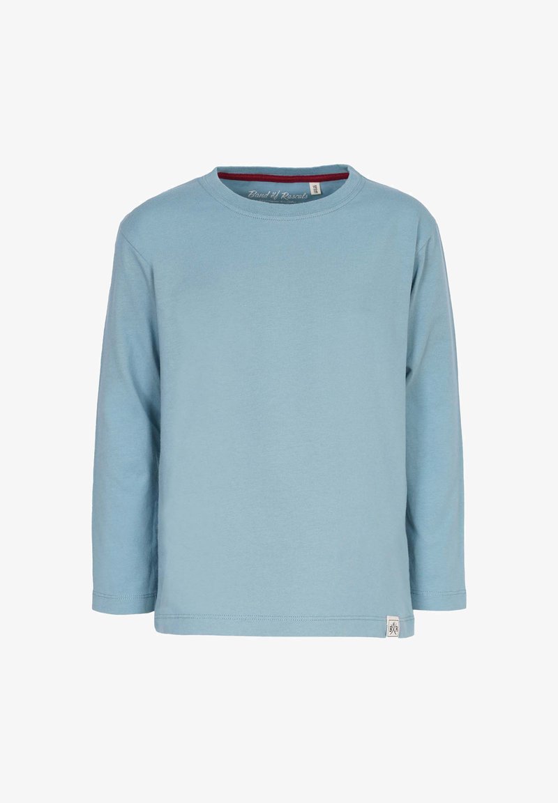 Lyseblå langærmet T-shirt med rund halsudskæring og et lille logo-lap på den nederste kant. Fremstillet af blødt bomuldsstof.