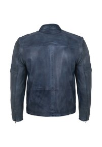 Marineblaue Lederjacke mit glatter Textur, Reißverschlussmanschetten und einem strukturierten Kragen mit Rückennahtdetails.