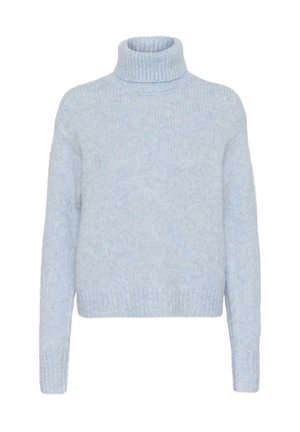Un pull col roulé bleu clair en tricot doux et texturé, avec des manches longues et un ourlet côtelé, offrant une coupe décontractée et un design minimaliste.