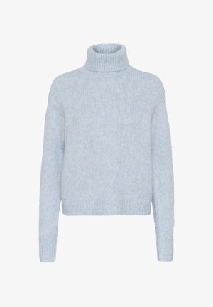 Un pull col roulé bleu clair en tricot doux et texturé, avec des manches longues et un ourlet côtelé, offrant une coupe décontractée et un design minimaliste.