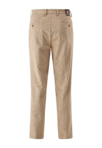 Beige Hose aus strukturiertem Stoff, mit geradem Schnitt, Gesäßtaschen und einem Etikett am Bund.