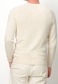 Maglione beige in maglia con collo rotondo, polsini e orlo a coste. Tessuto liscio e design aderente nella parte inferiore, indossato sopra pantaloni chiari.