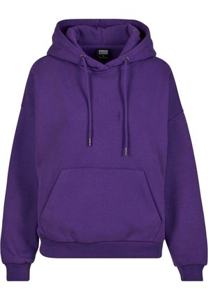 Lila Kapuzenpullover aus weichem Stoff mit einer vorderen Kängurutasche, gerippten Bündchen und verstellbaren Kordeln.