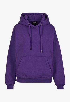 Fialová mikina s kapucí vyrobená z měkké látky, s přední kapsou, žebrovanými manžetami a nastavovacími šňůrkami.