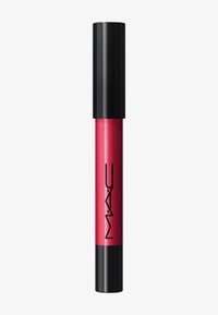 Rouge à lèvres liquide MAC dans un tube cylindrique ; rose vif avec une finition brillante ; capuchon noir ; design élégant avec le logo de la marque imprimé.