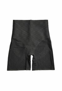 Black shorts made of textured fabric, featuring a patterned design with circular motifs, cut above the knee, with a smooth finish.