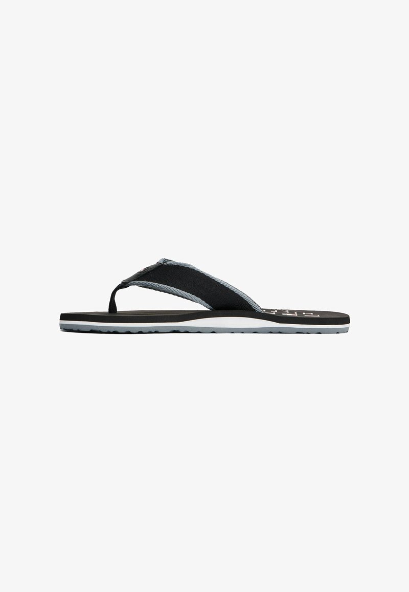 Black flip-flop sandal featuring a textured black strap with a light gray accent, a cushioned sole, and a patterned tread for grip.