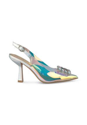 Pump slingback trasparente in plastica, con punta appuntita, finitura iridescente, decorazione in strass trasparente e tacco a blocco metallico.