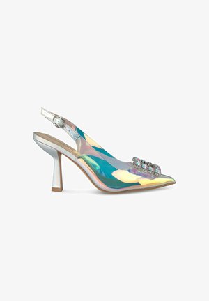 Pompe slingback en plastique transparent avec un nez pointu, finition irisée, ornement en strass transparent et un talon bloc métallique.