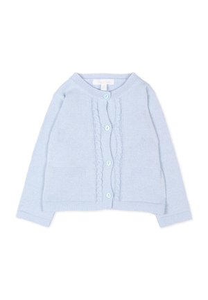 Cardigan azzurro chiaro lavorato a maglia con maniche lunghe, bottoni frontali, due tasche e motivi intrecciati verticali lungo la linea dei bottoni.