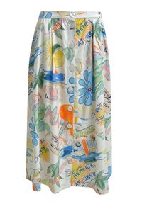 Weiße Rock mit bunten, verspielten Illustrationen von Früchten, Blumen und Sommerschauplätzen. Vorderer Knopfverschluss mit Falten für zusätzlichen Schwung.