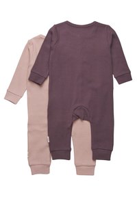 Två långärmade ribbade bodys i mauve- och blushtoner, med tryckknappar och manschetterade ärmar för en säker passform.