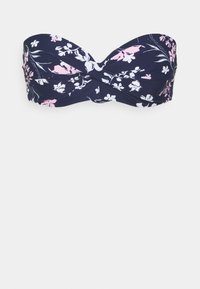 Bandeau-Bikini-Oberteil in Marineblau mit pink-weißer Blumenmusterung. Verfügt über ein gedrehtes Frontdesign und einen glatten, dehnbaren Stoff.