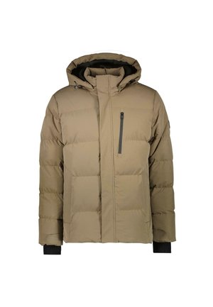Bruine pufferjack met een capuchon, ritssluiting aan de voorkant en zijzakken. Heeft een gewatteerd design en zwarte ribgebreide manchetten. Glide textuur, beschermende fit.