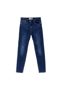 Jeans ajustados de denim azul oscuro, con un diseño clásico de cinco bolsillos, cierre de botón de bronce y un acabado ligeramente desgastado.