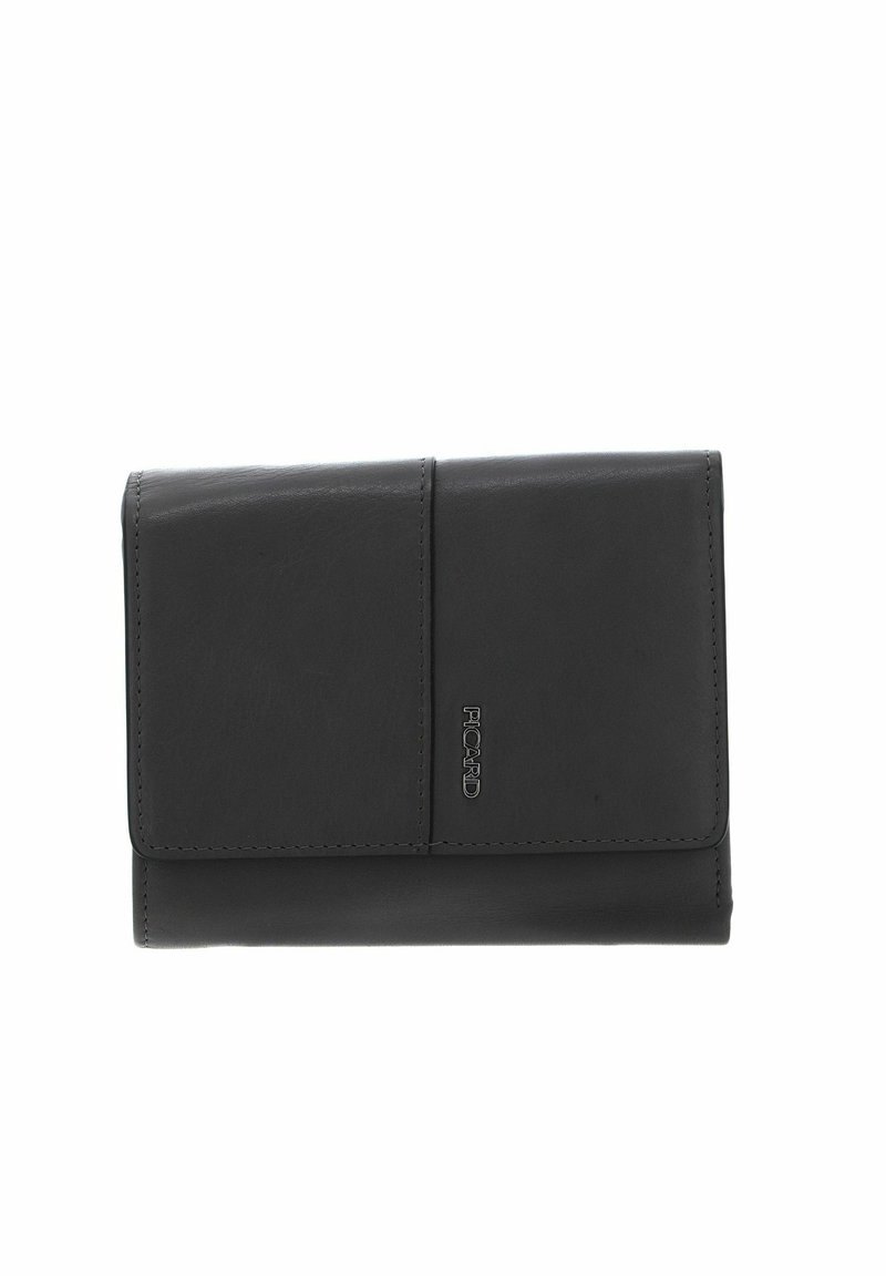 Portefeuille en cuir noir à texture lisse, de forme rectangulaire, avec un rabat avant. Présente un logo argenté et des bords cousus pour plus de durabilité.
