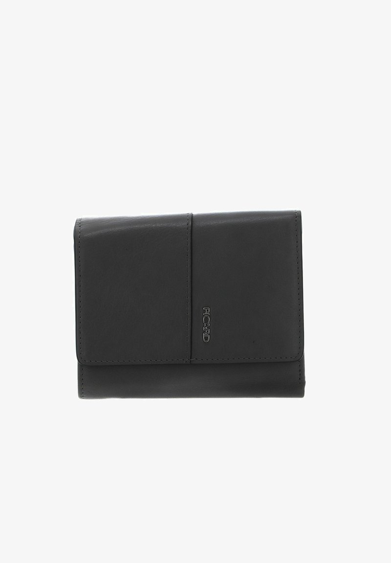 Portefeuille en cuir noir à texture lisse, de forme rectangulaire, avec un rabat avant. Présente un logo argenté et des bords cousus pour plus de durabilité.