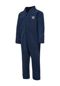 Fleece heldress i mörk marinblå med hel dragkedja och en liten logotyp på bröstet; har långa ärmar och ankellånga ben.