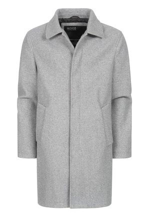 Grau wollener Mantel mit strukturierter Silhouette, Kragen und seitlichen Taschen. Glatte Textur und mittellanges Design für Vielseitigkeit.