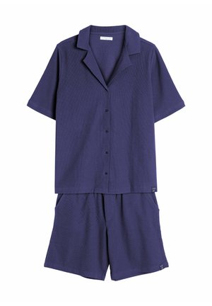 Dwuczęściowy zestaw wypoczynkowy z krótkim rękawem w ciemnofioletowym kolorze, zawierający koszulę z guzikami i kołnierzykiem oraz dopasowane szorty z bocznymi kieszeniami.