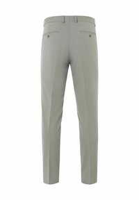 Pantalons cintrés gris clair avec une texture lisse, présentant une coupe droite, deux poches arrière et des détails de couture subtils.