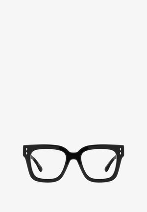 Occhiali rettangolari neri con montature spesse e due puntini su ciascun lato. Lenti trasparenti e materiale plastico liscio e lucido.