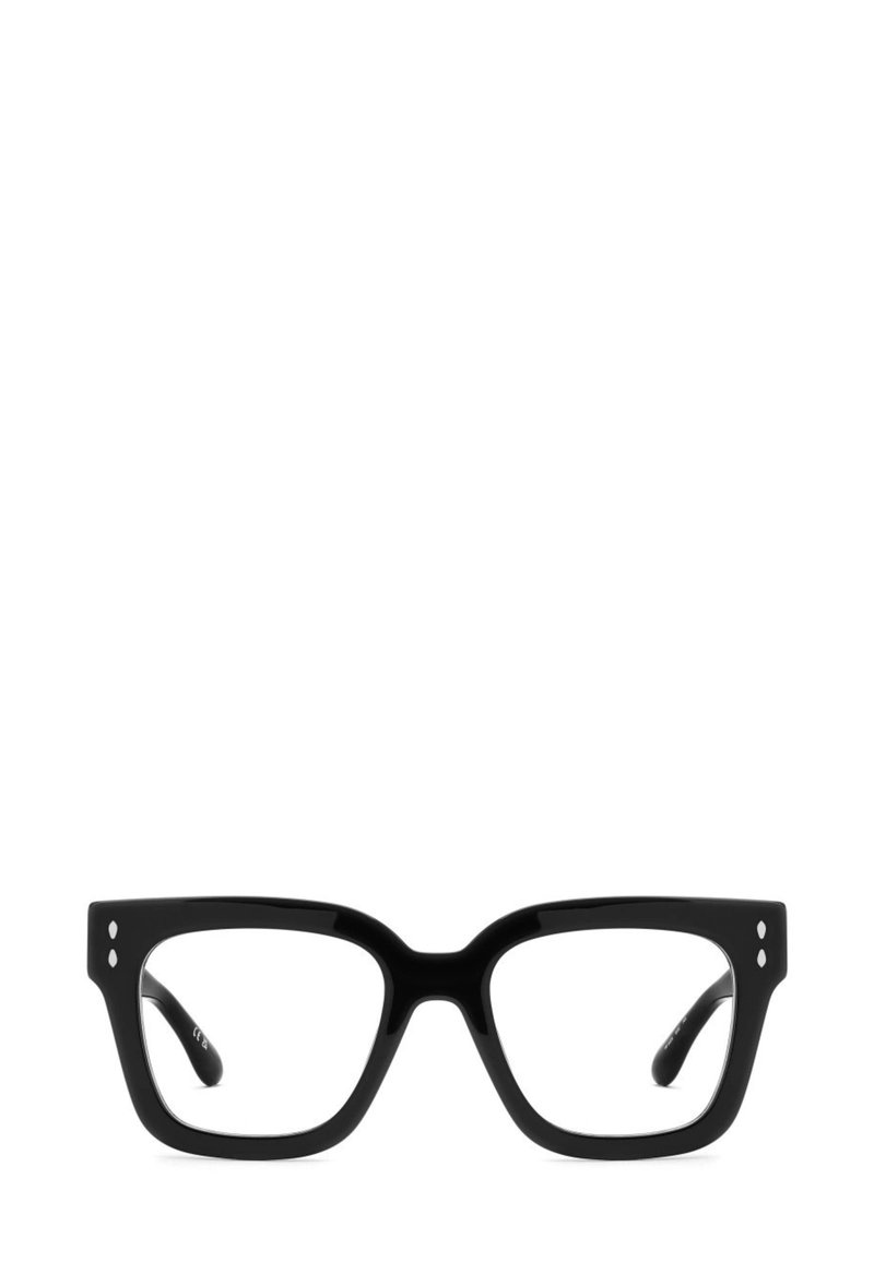 Occhiali rettangolari neri con montature spesse e due puntini su ciascun lato. Lenti trasparenti e materiale plastico liscio e lucido.