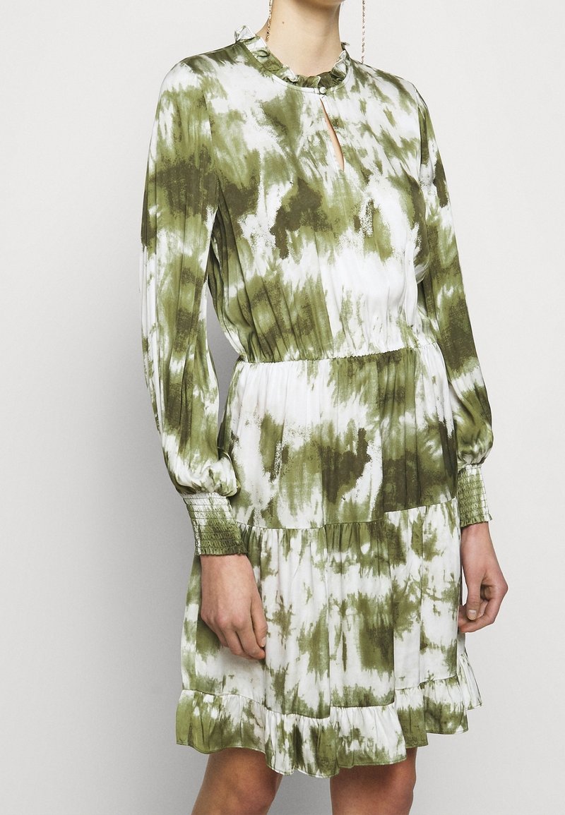 Groene en witte jurk met een patroon, voorzien van een gerimpelde halslijn, lange mouwen en een aansluitende taille, met een gelaagde rok en subtiele textuur.