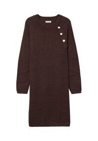 Brown knitted dress featuring a ribbed texture, crew neckline, and three decorative buttons on the left shoulder. Long sleeves, knee-length.