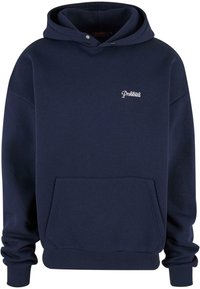 Námornícky modrá mikina s kapucňou z bavlneného zmesi, so predným vreckom, rebrovanými nápletmi a malým vyšívaným logom na hrudi.