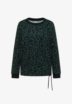 Sweatshirt à imprimé léopard vert avec des manches longues, un col et des poignets côtelés, et un détail de cordon de serrage ajustable sur le côté.