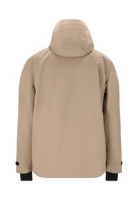 Beige vattentät jacka med huva, med långa ärmar, elastiska cuffs och rak skärning. Slät textur med minimala designelement.