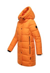 Orange puffer coat with oversized hood, quilted texture, black zipper accents, and thumbhole cuffs. Front button closure and side pockets.