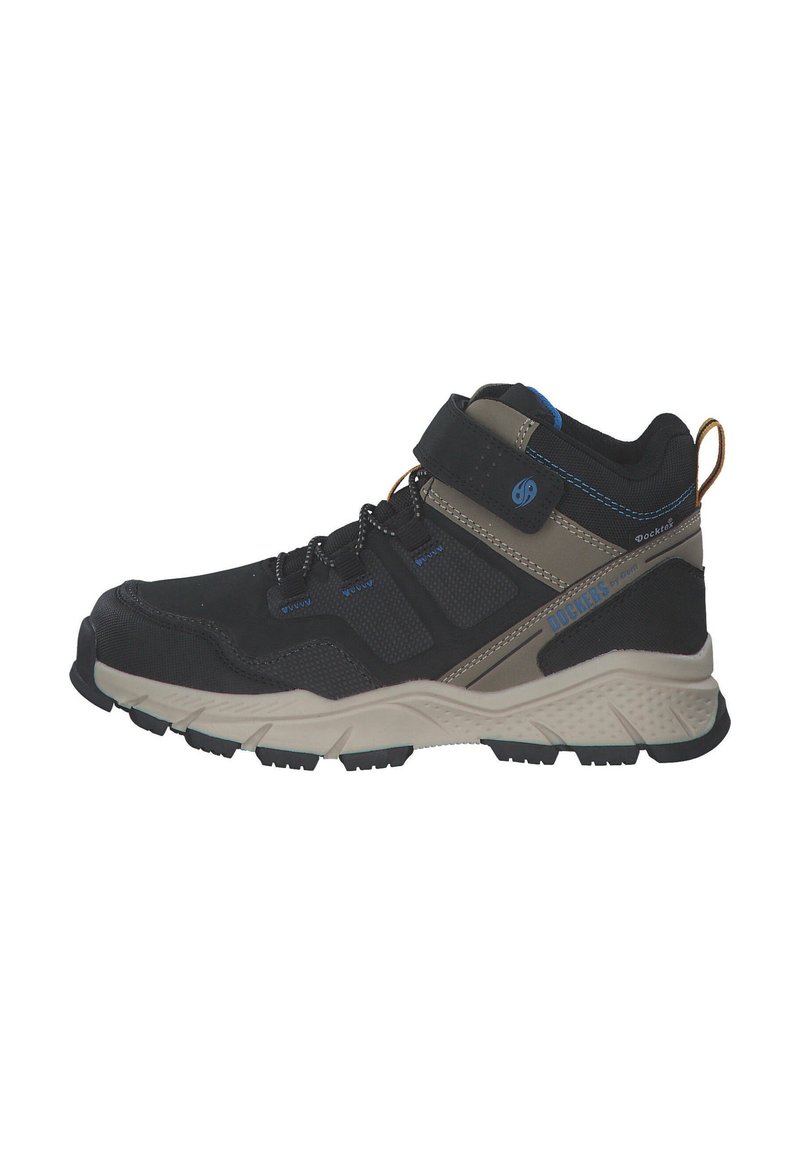 Black and gray mid-top hiking shoe with a padded collar, textured upper, hook-and-loop strap, and rubber outsole. Features blue accents.