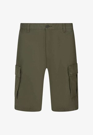 Pantaloncini cargo da uomo verde oliva con bottone frontale, passanti per cintura e due tasche laterali con pattina.