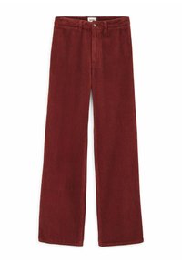 Pantalon en velours côtelé d'un bordeaux profond, avec des jambes larges, une fermeture à bouton et une texture côtelée visible sur l'intégralité du tissu.