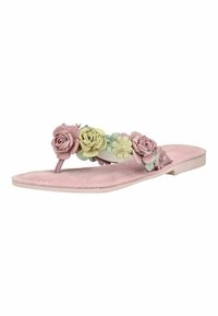 Sandalia plana rosa con separador de dedos y tira decorada con flores de tela de colores pastel en forma de rosa y margarita.