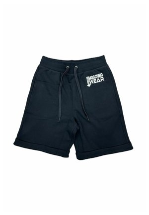 Shorts neri in cotone con vita elastica, cordoncino regolabile e orli arrotolati; presenta il logo bianco Moschino stampato sul davanti.