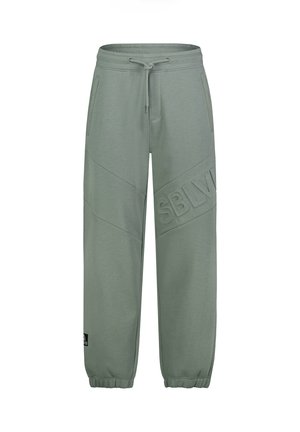 Grün-graue Jogginghose mit Kordelzugbund, Seitentaschen, elastischen Bündchen und geprägtem "SBLV"-Logo am rechten Bein.