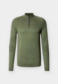 Πουλόβερ ελιάς πλεκτό με φερμουάρ στο ένα τέταρτο, ριμπ κολάρο και διακοσμητικές λεπτομέρειες με σχέδια στα μανίκια. Λογότυπο BOSS σε μαύρο στο στήθος.