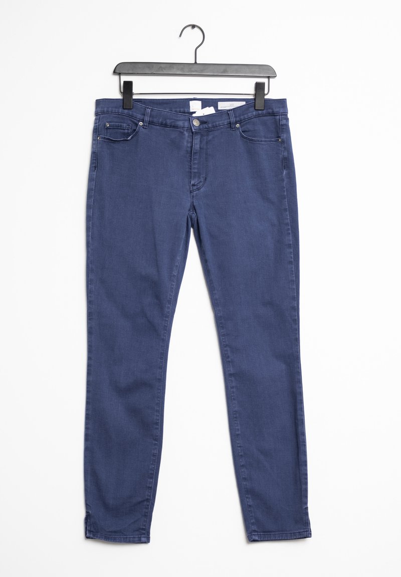 Jean skinny bleu marine avec cinq poches, bouton en métal et fermeture éclair. Fabriqué en denim extensible avec une texture lisse.
